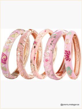 5-Piece Alloy Bangle Bracelet Set with Rose Flower Engraving, Gift Box